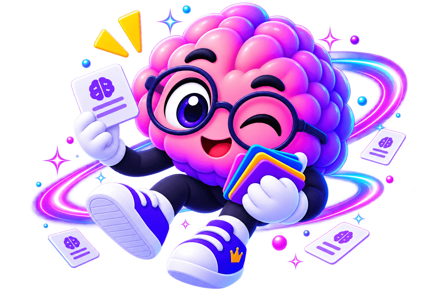 Brainy, the Retivio mascot, holding flashcards in a glowing cosmic scene